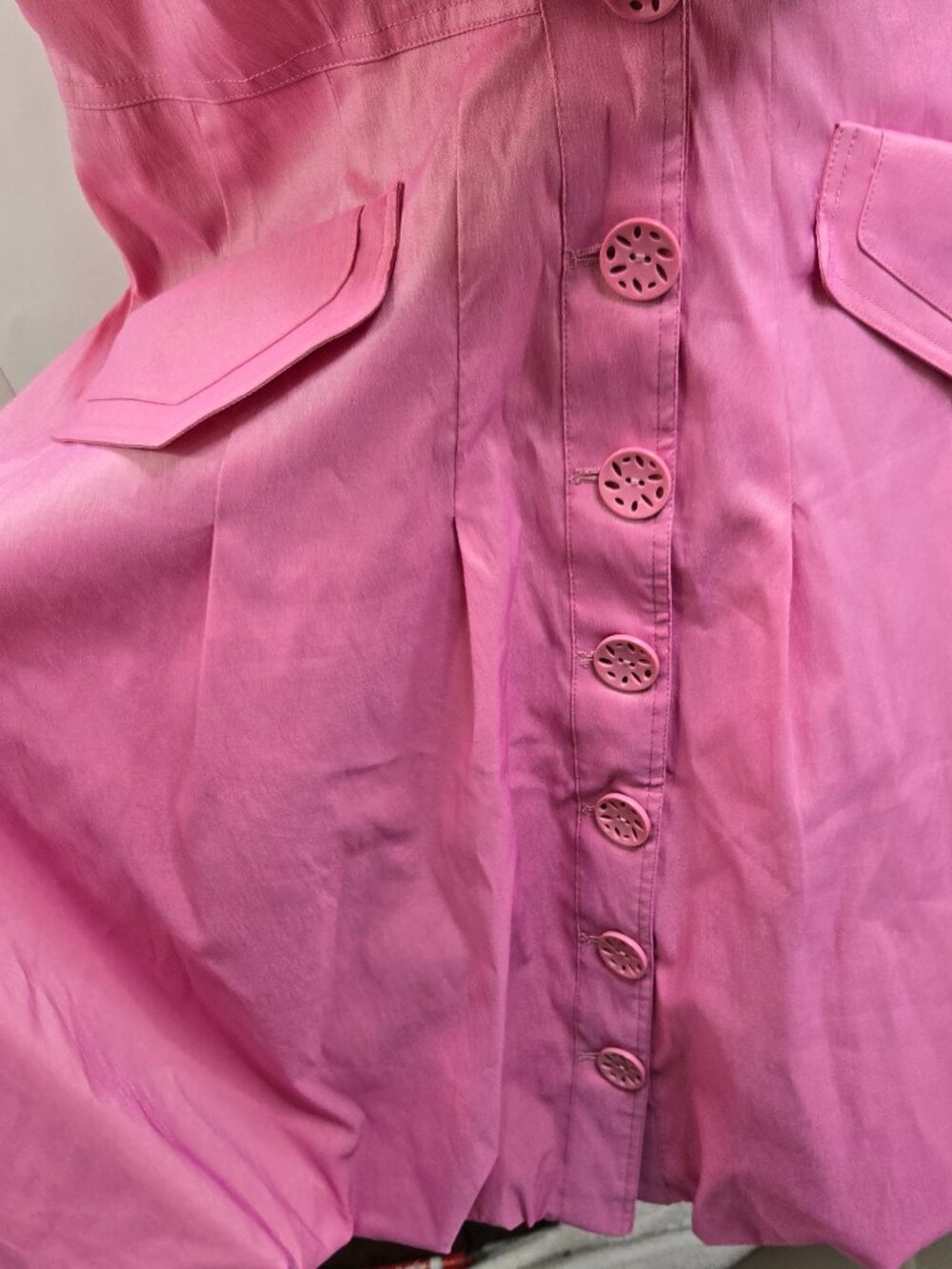 Samuel Dong Dress XL Pink Ruffle Bubble Tie A-line button Sleeveless Bow - Picture 4 of 16